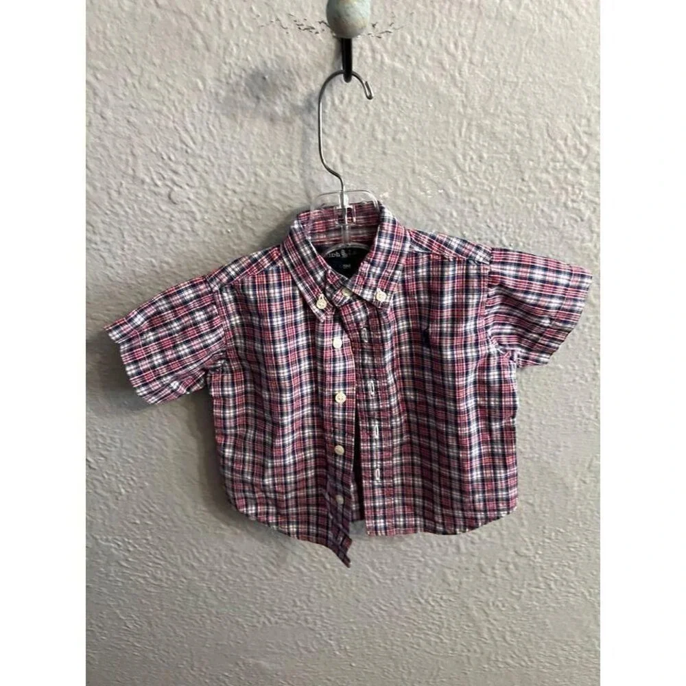 Boys Ralph Lauren red white blue short sleeve button up‎ shirt size 9 months